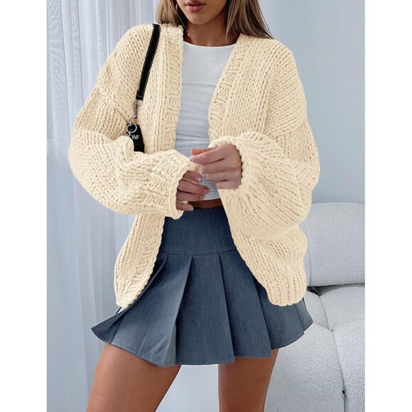 Womens Trendy Cardigan Sweaters Beige Green Long Sleeve Chunky Knit Outfits - Picture 6 of 8